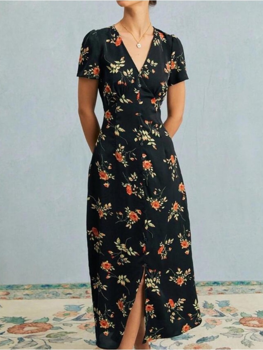 RIHOAS Black Floral Button Front Midi Dress XL Cottagecore Tea Dress